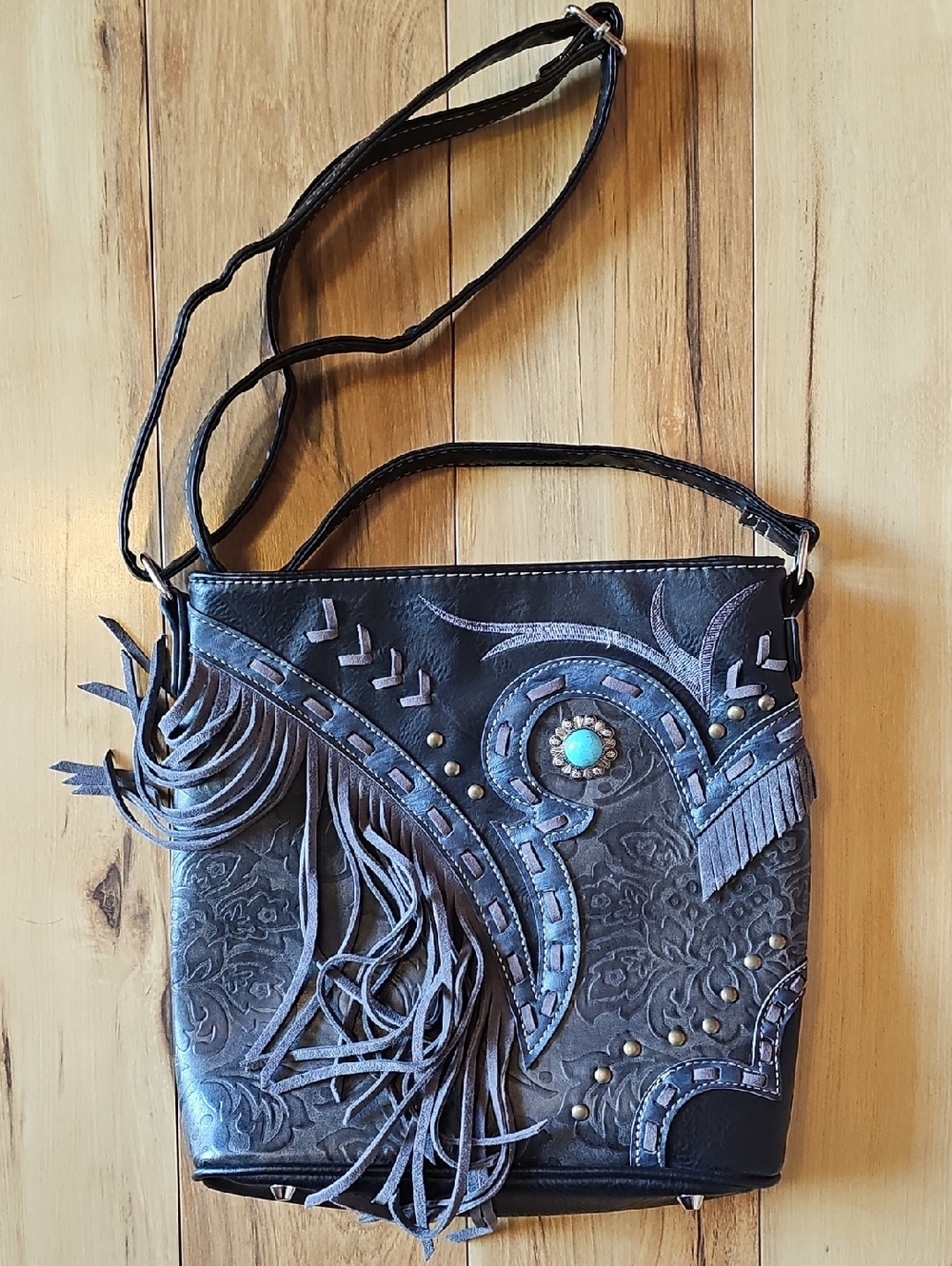 NWOT Boho Fringe Embossed Crossbody Bag in Dark Brown with Turquoise Accent